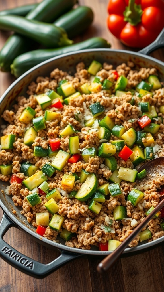 A skillet with ground turkey, zucchini, bell peppers, and onions, garnished with Parmesan cheese and herbs.